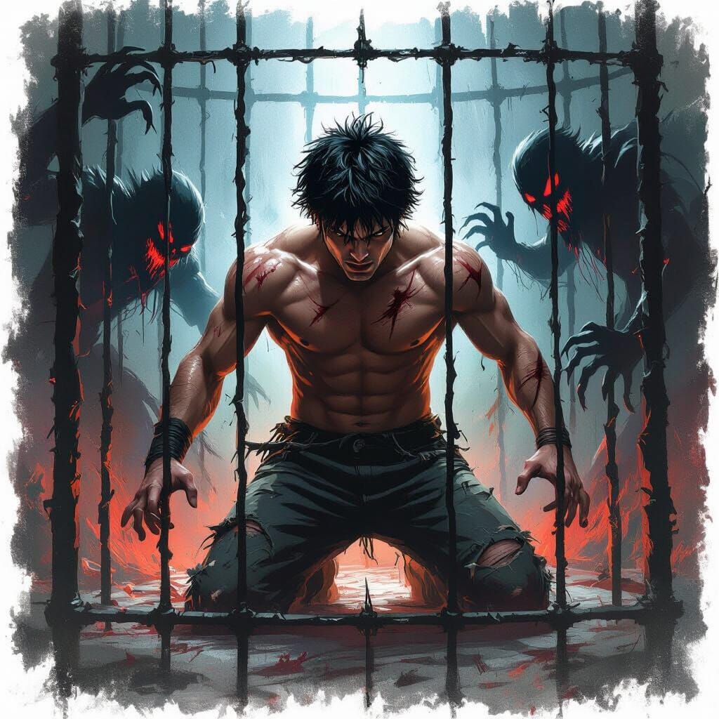 Man Fights Shadow Demons in Cage Concept Art
