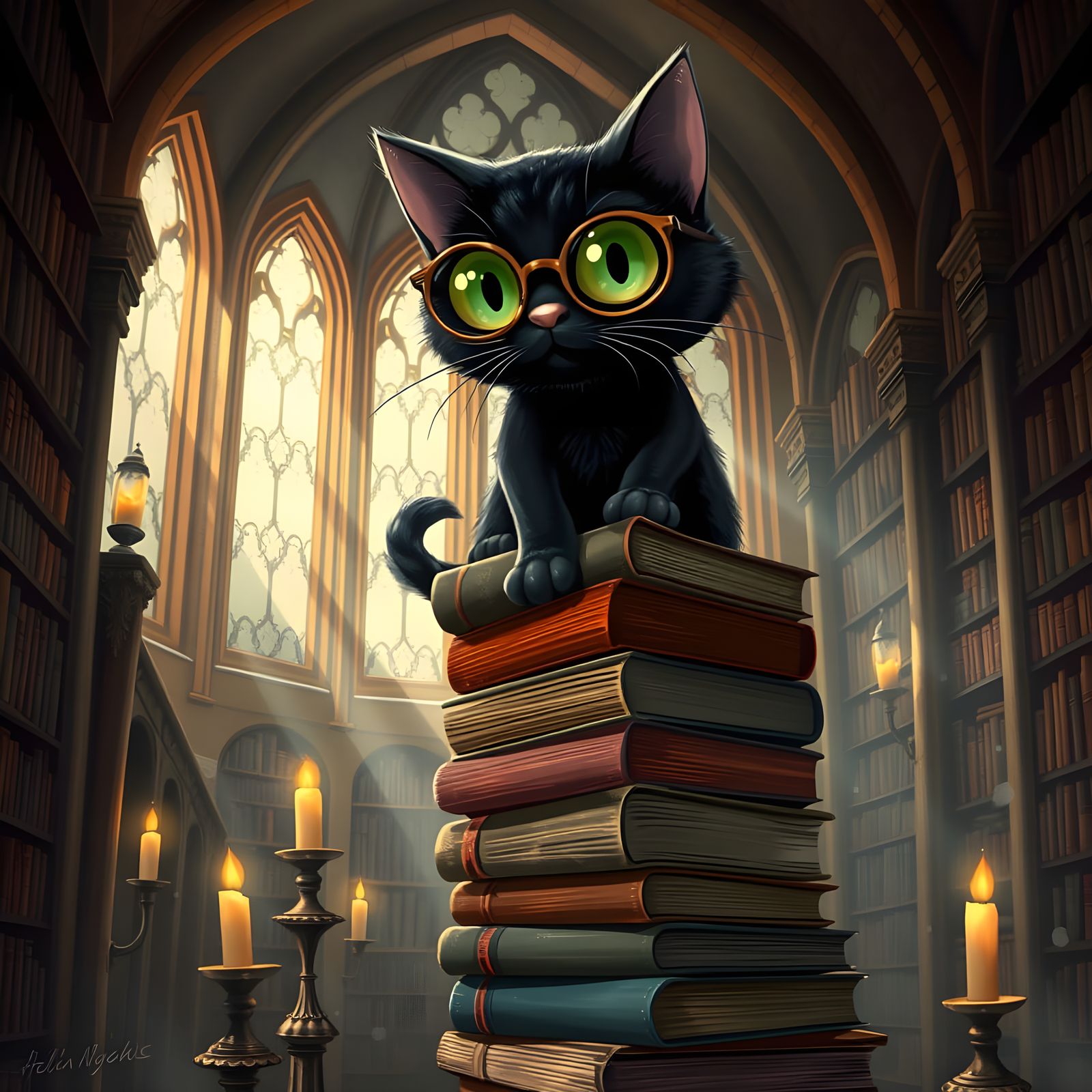 Whimsical Black Cat in Library: Hyperrealistic Art