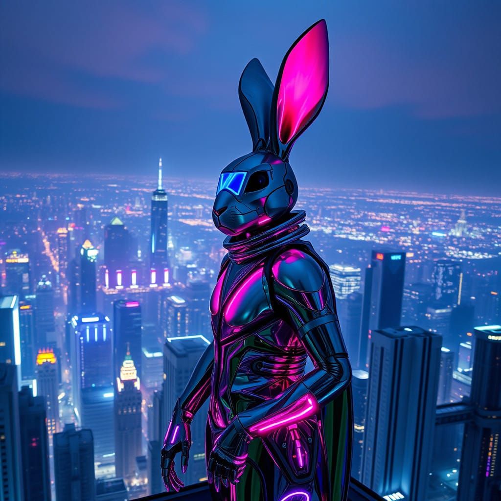 Cyberpunk Cityscape with Neon-Lit Rabbit