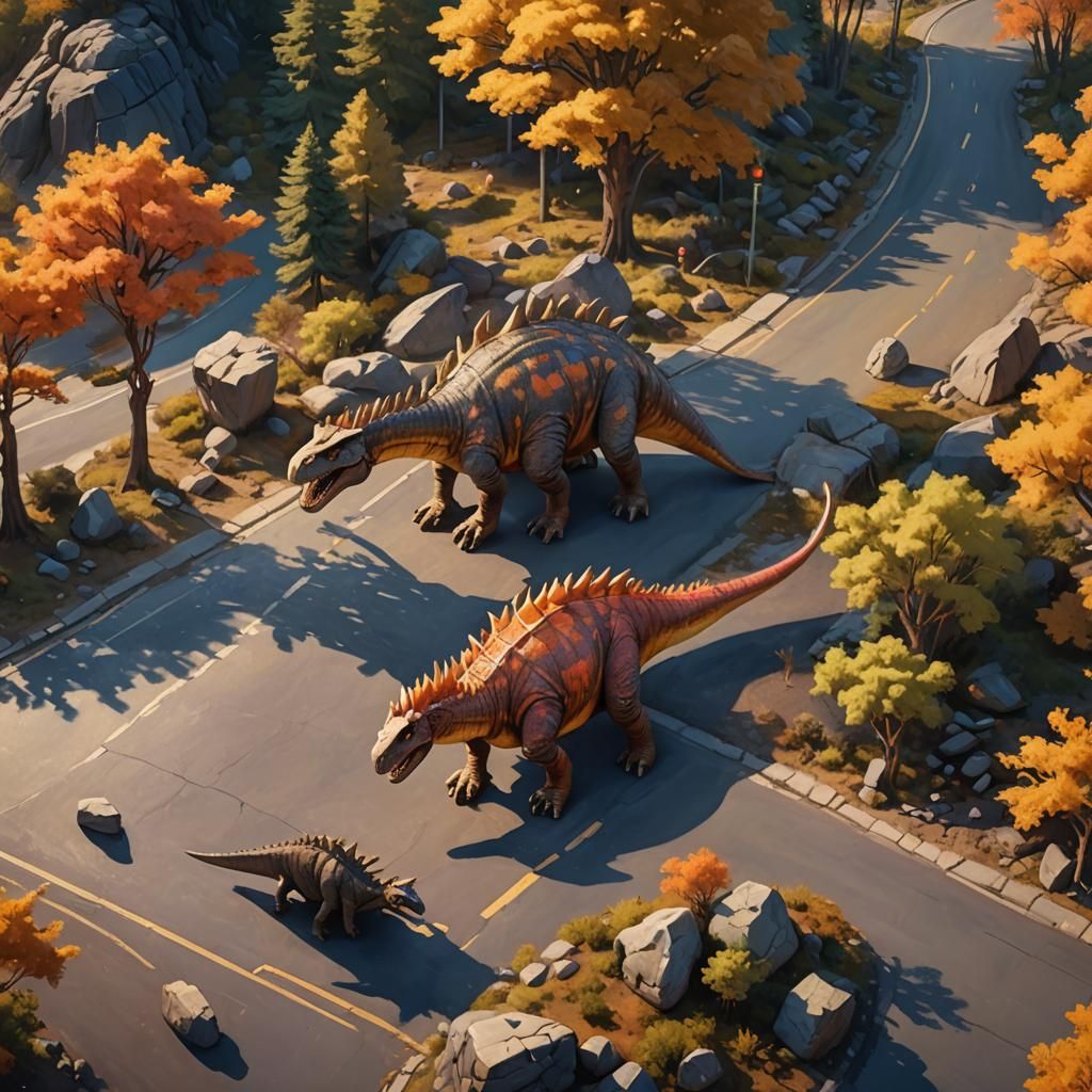 Giant Dinosaur on Fossil Road: Triadic Oil Painting