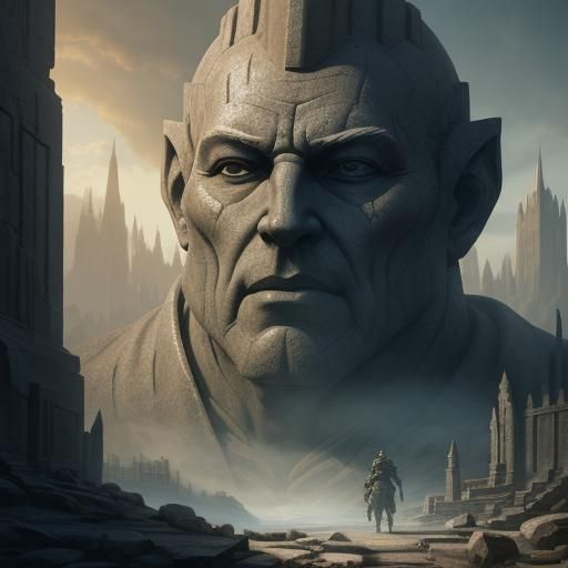 Towering Stone Statue with Glowing Eye in Sci-Fi Ruins