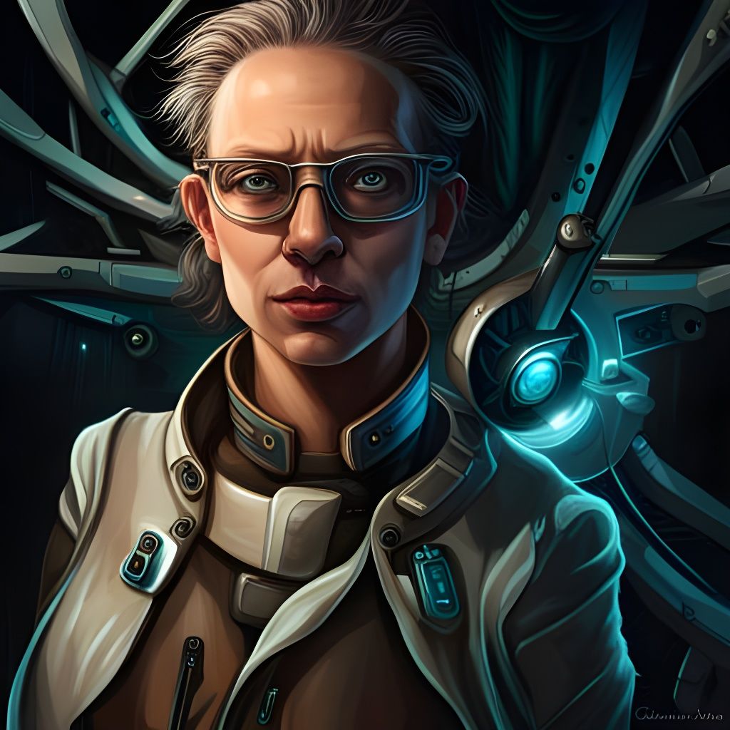 Cybernetic Scientist Portrait in Cyberpunk Tech Lab