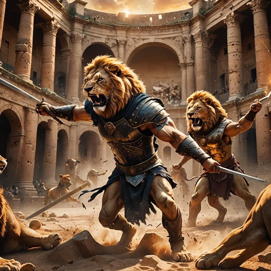Epic Lion Fight in Colosseum: Frank Frazetta Style