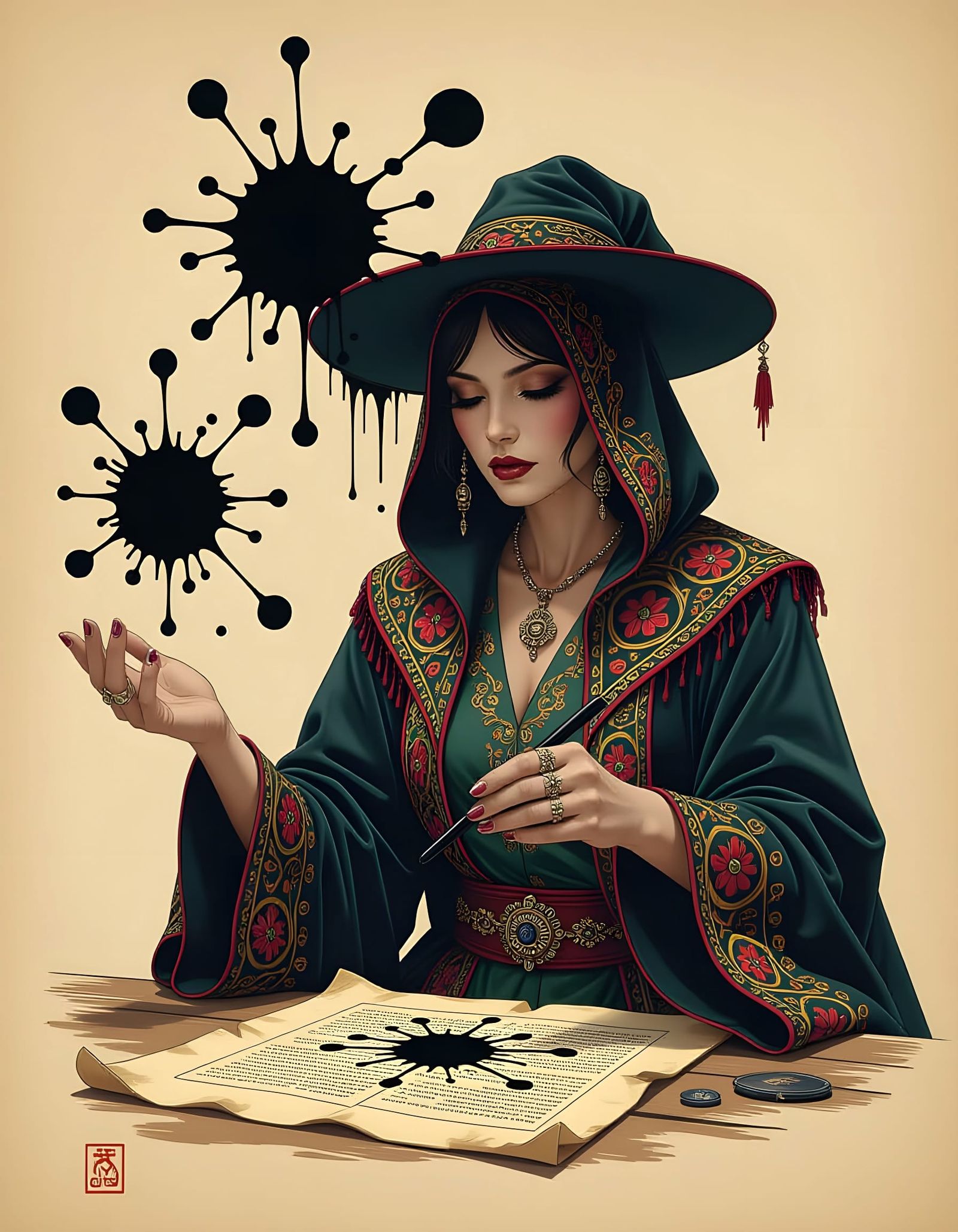 Hyperrealistic Fortune Teller Scrying with Ink Blots