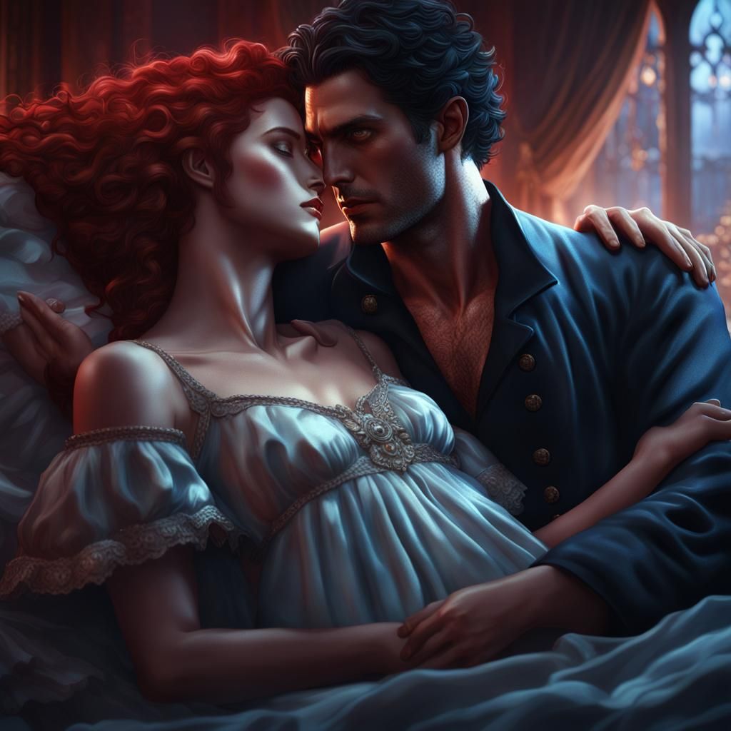 Vampire Watching Sleeping Woman: Detailed Fantasy Art