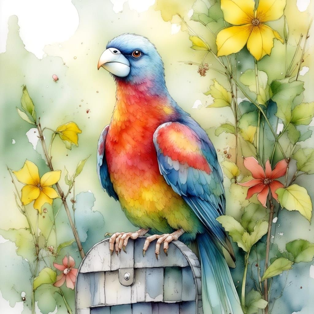 Rosella Bird Portrait in Watercolor Style