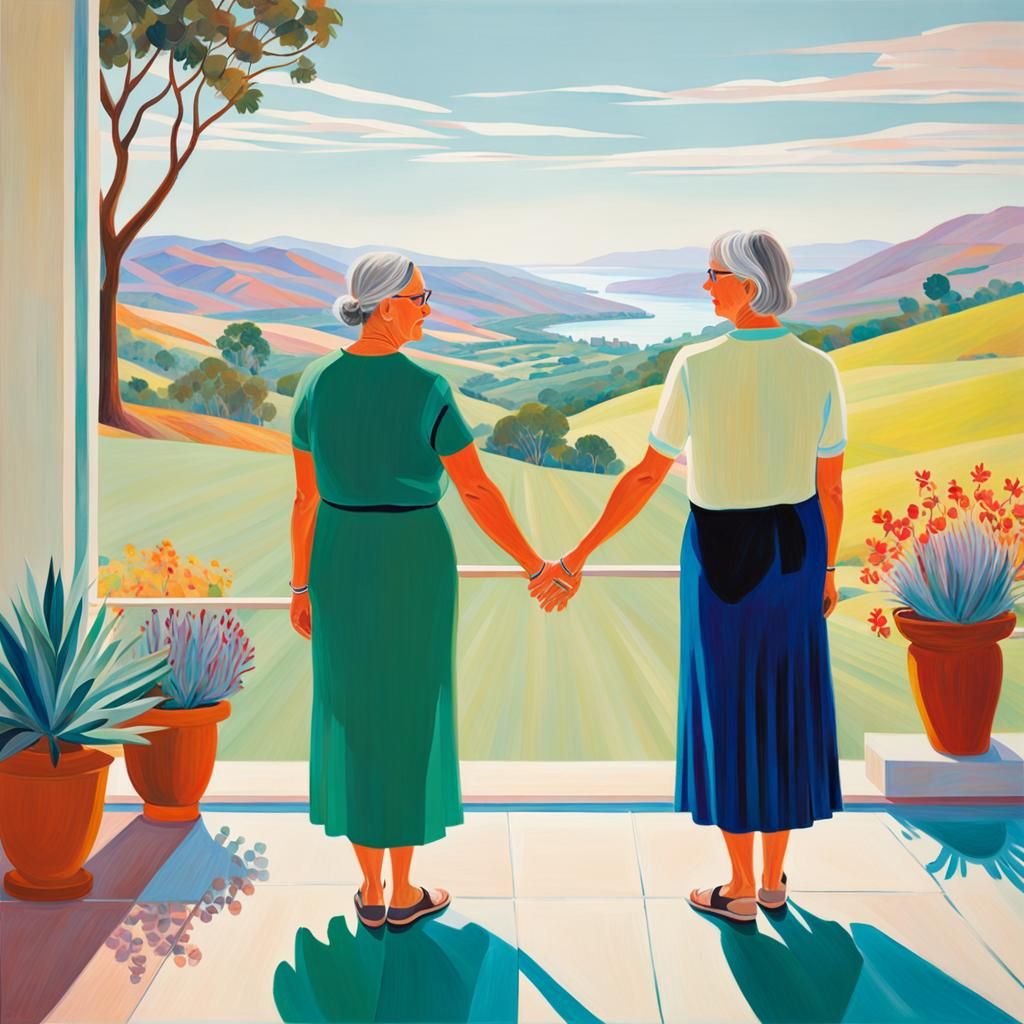 Art by David Hockney, serene portrait, lesbian couple, older and younger woman holding hands, overlooking a vibrant Cali...
