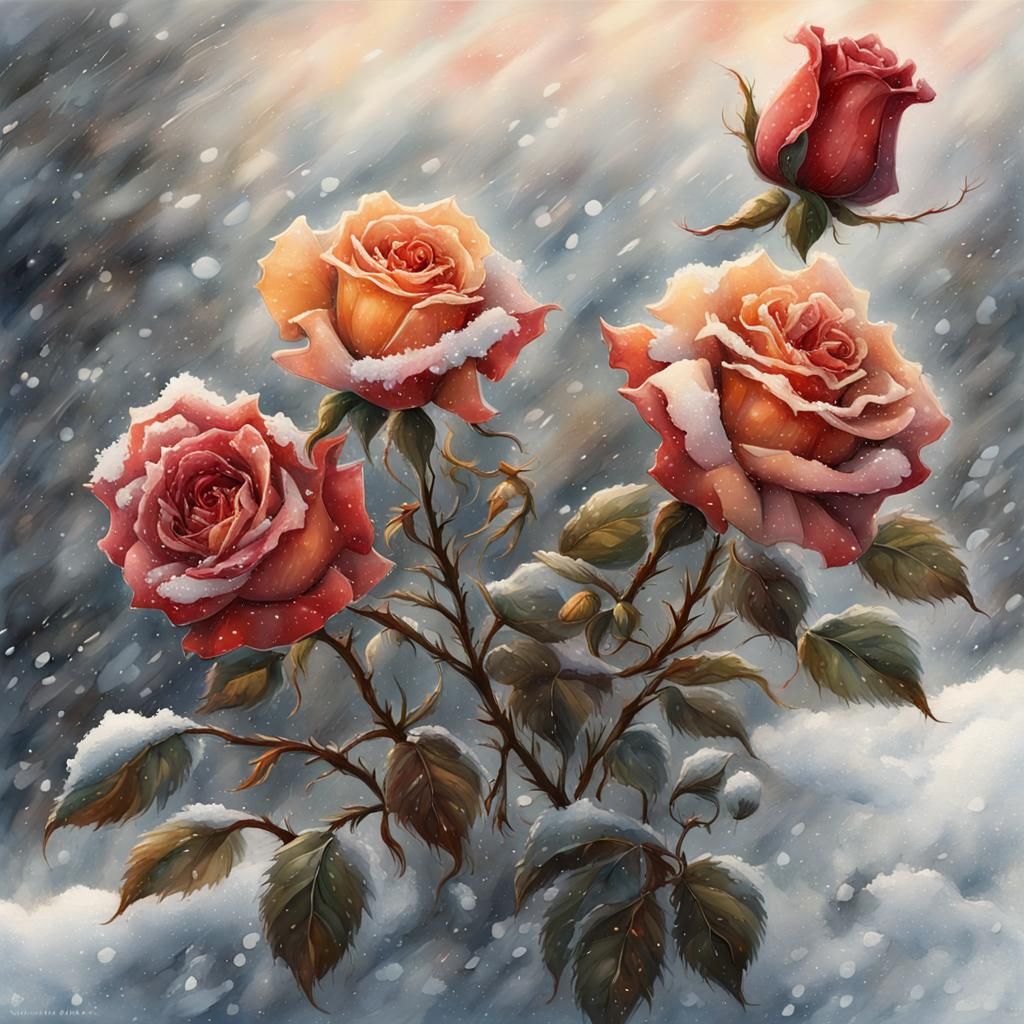 Watercolor Roses in Winter Snow and Ice