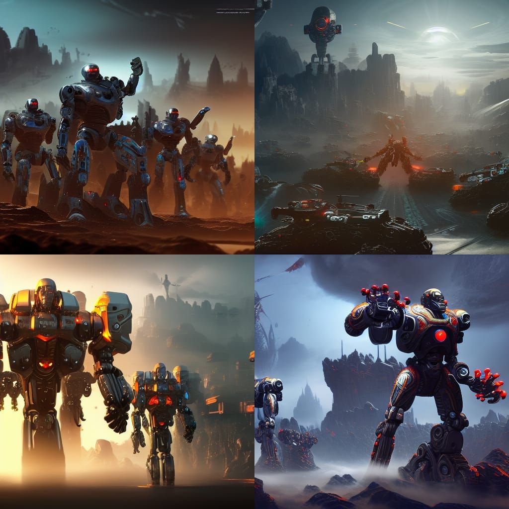 Cyborg Leads Robot Army: Detailed Matte Painting