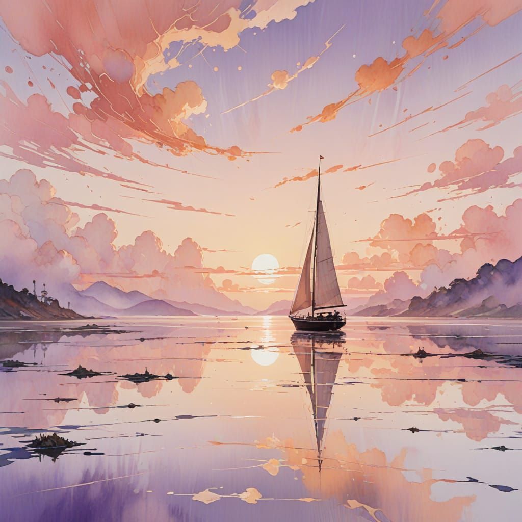 Surreal Sunrise Sailboat in Dreamy Watercolor Style