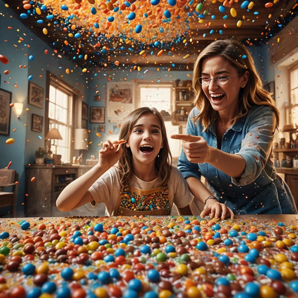 Whimsical Candy Fantasy: Girl Mashing M&M's