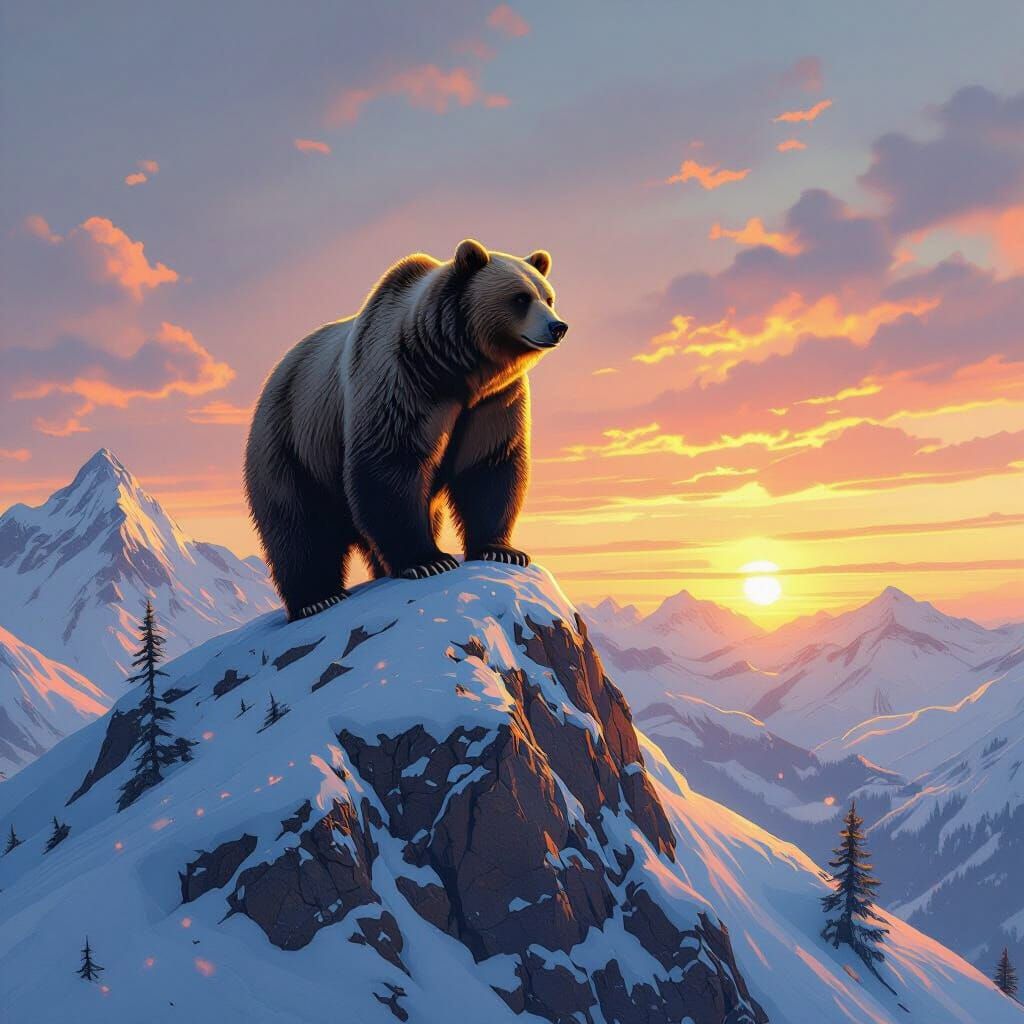 Grizzly Bear on Mountain Peak at Sunset