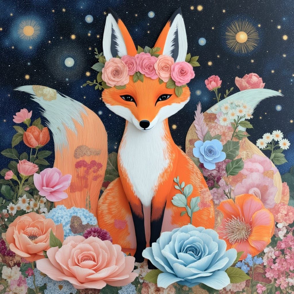 Pastel Fox in Cosmic Collage Dreamscape