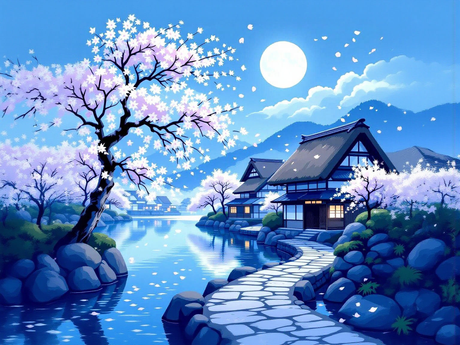 Tranquil Japanese Village Under Full Moon: Woodblock Print S...