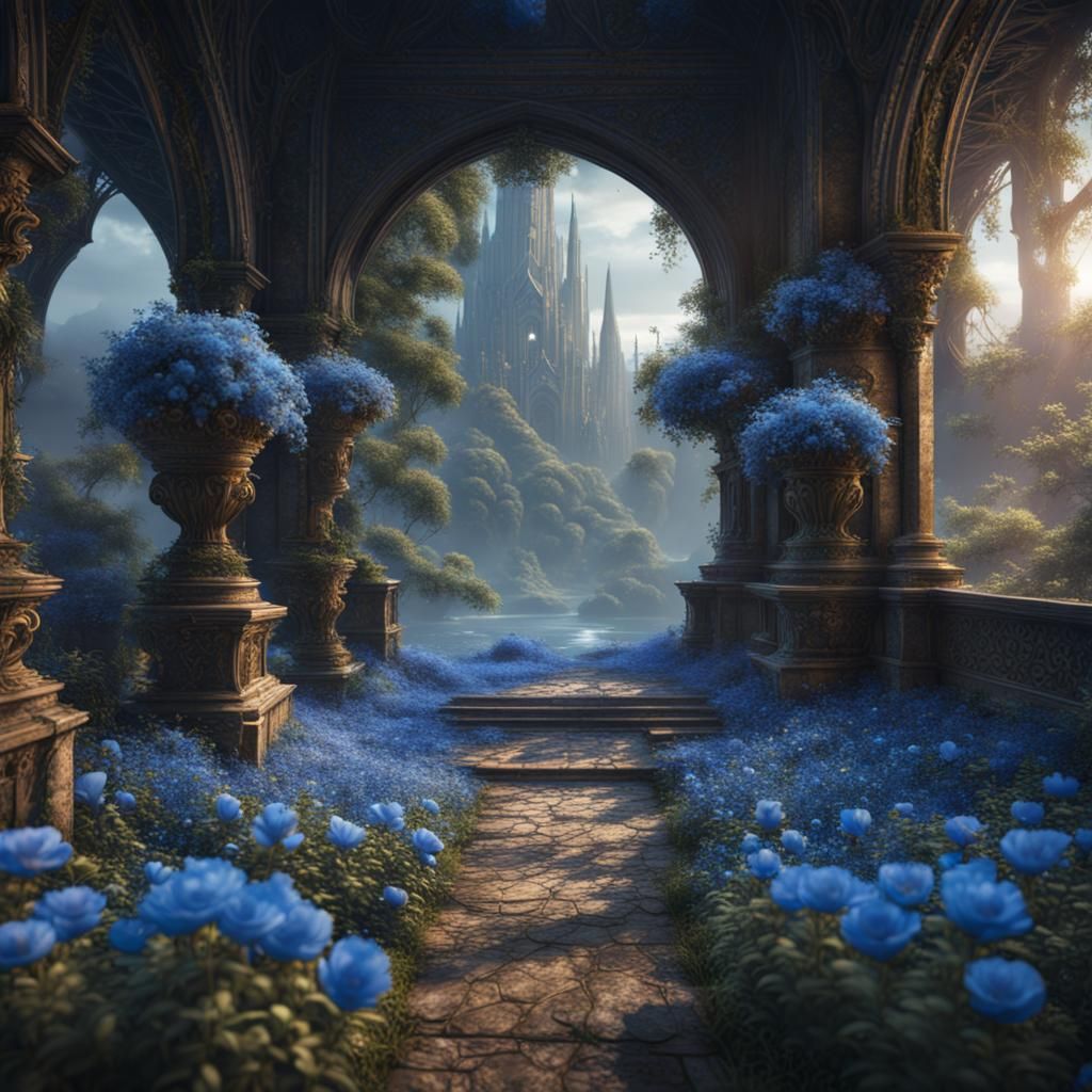 Poembook with Blue Flowers: Detailed Matte Painting