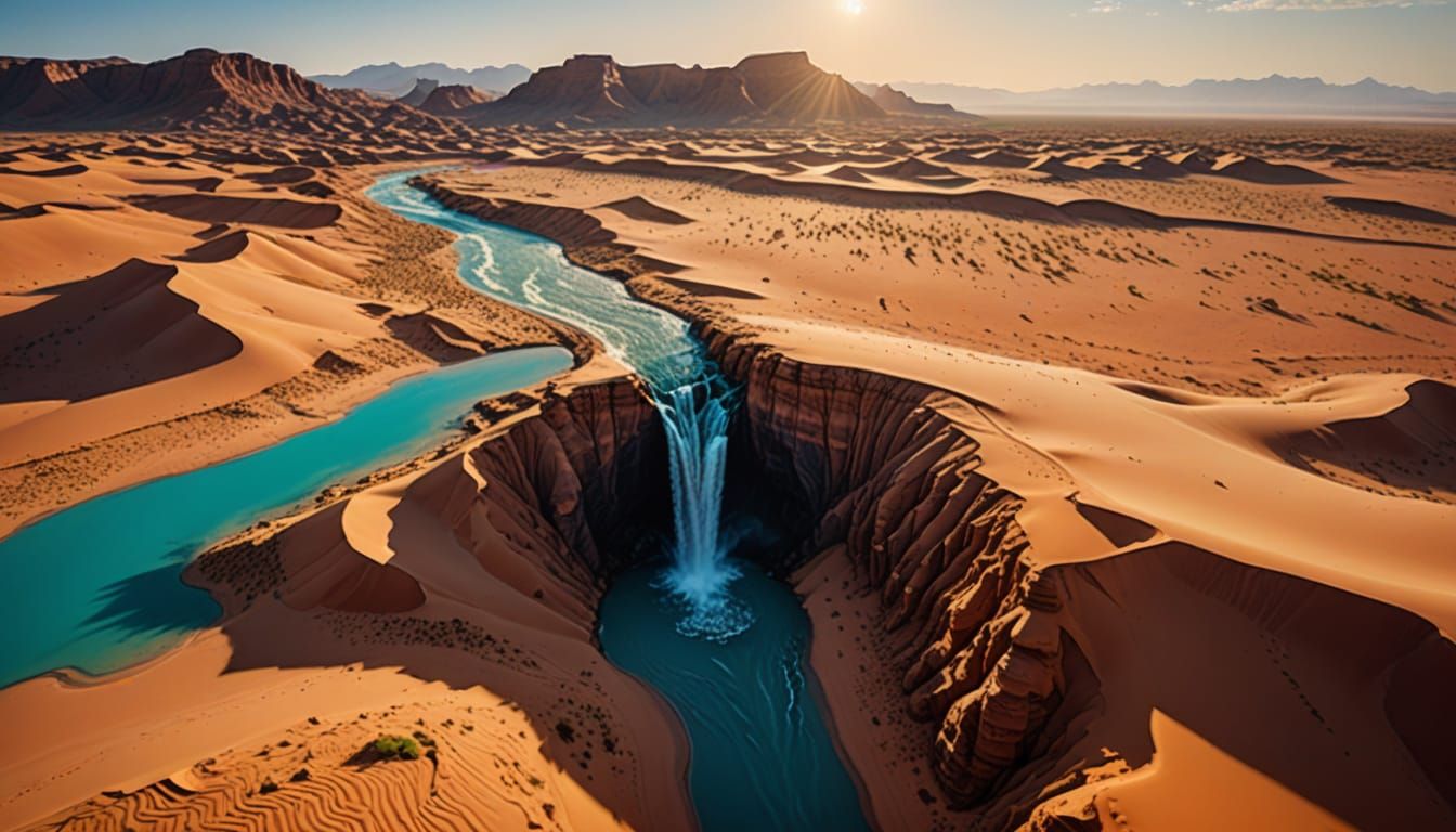 Sahara Desert Waterfall in Oil Painting Style