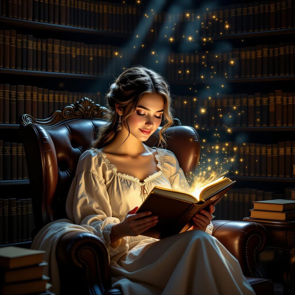 Cozy Library Scene of Woman Reading Ancient Book