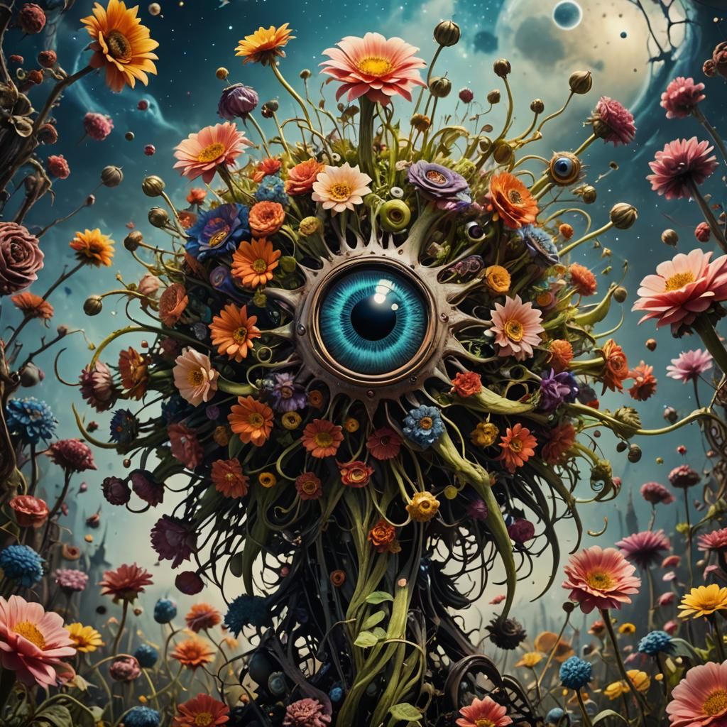 Mythical Eyed Flower Ascending to Space