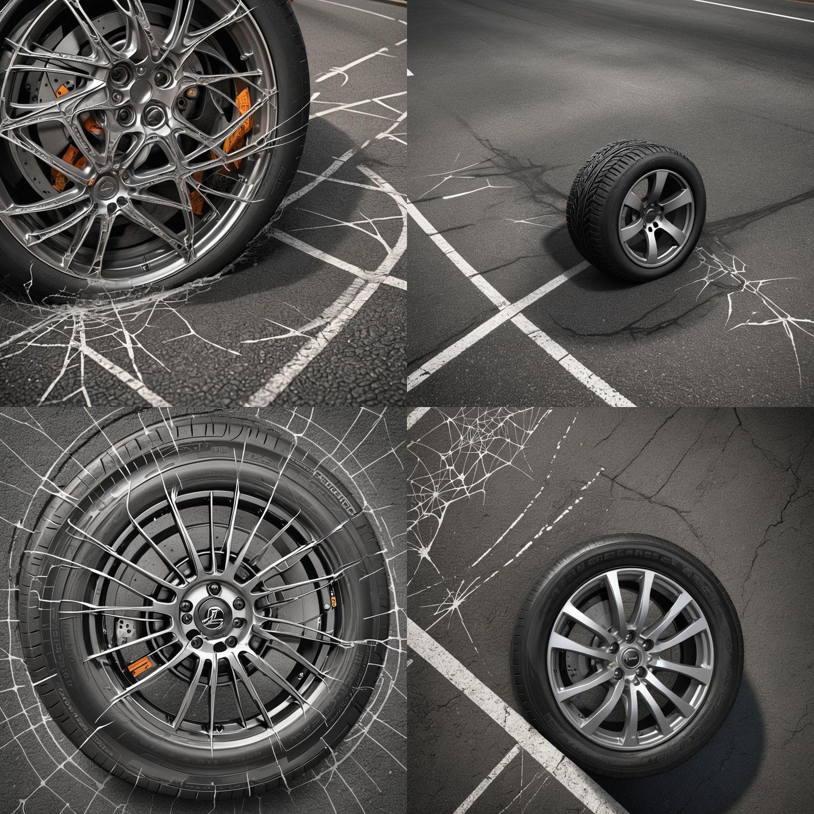 Car Wheel Impact Creates Spiderweb Tread Marks