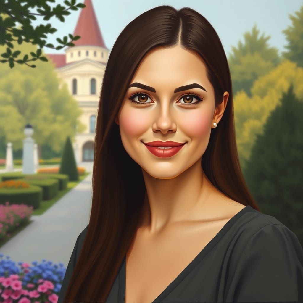 Elegant Woman Smiling in Garden: Minimalist Oil Painting