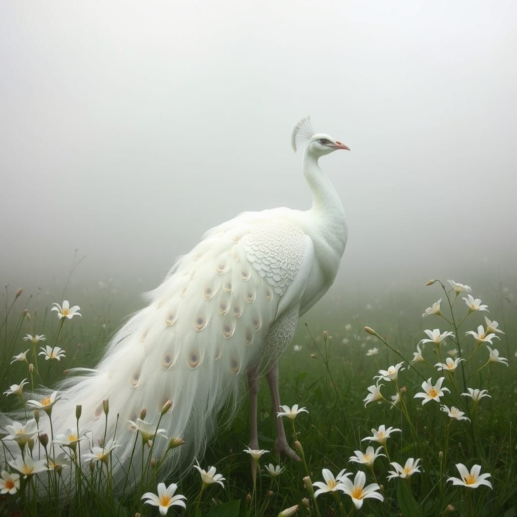 Ethereal White Peacock in Meadow as Art Nouveau