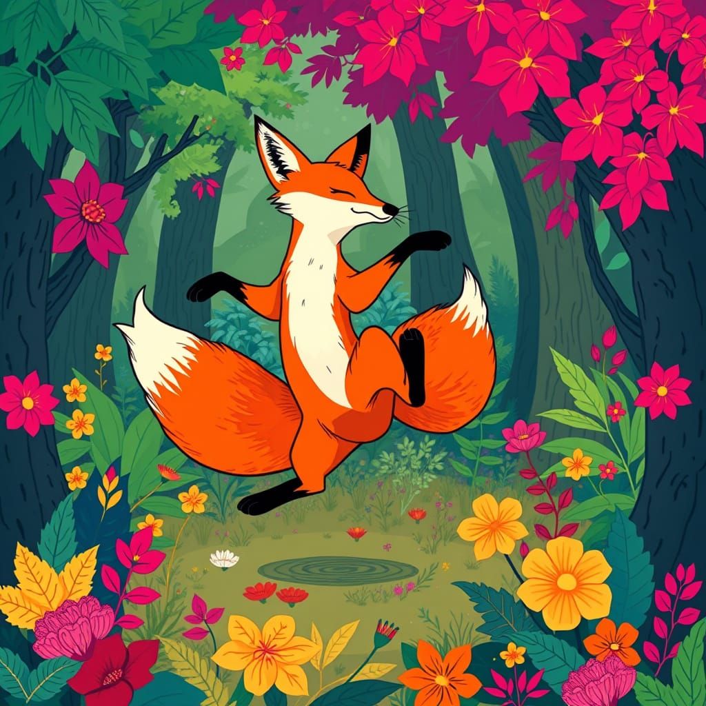 Whimsical Dancing Fox in Vibrant Forest