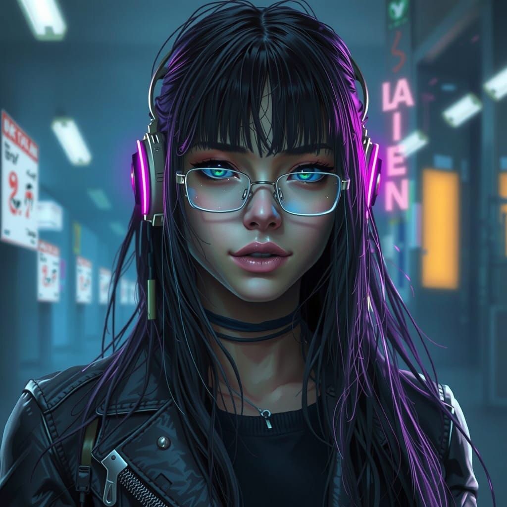 Cyberpunk Goddess with Wild Black Hair in Neon Lit Dark Atmo...