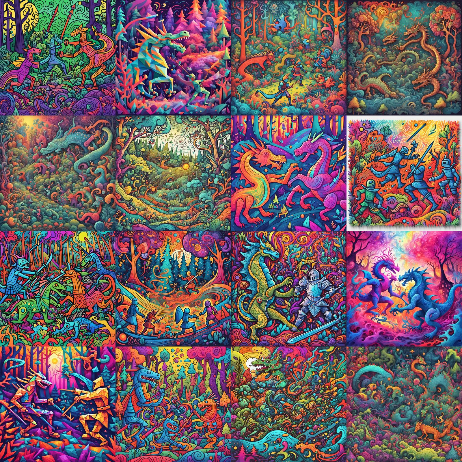 Stick Figure Knights Battle Dragon in Psychedelic Forest