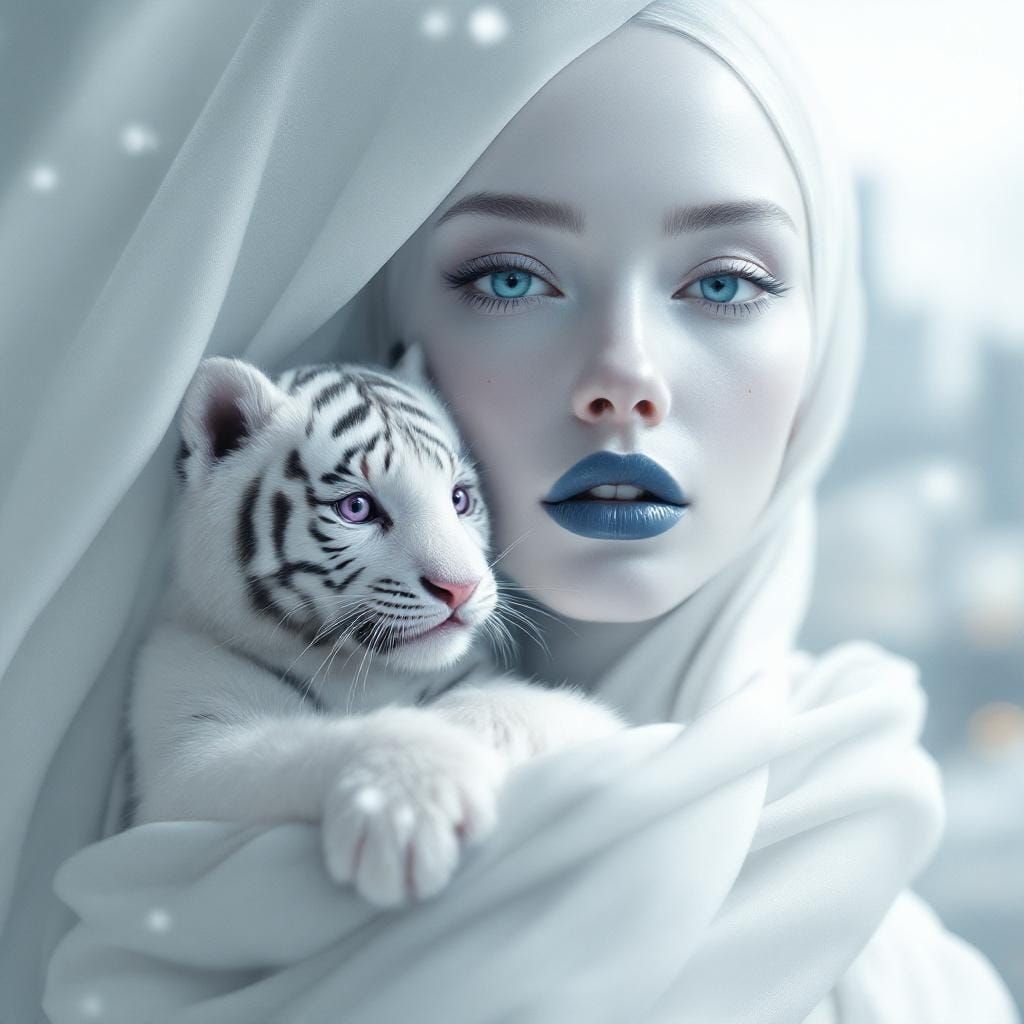 Monochromatic Woman Holding White Tiger Cub