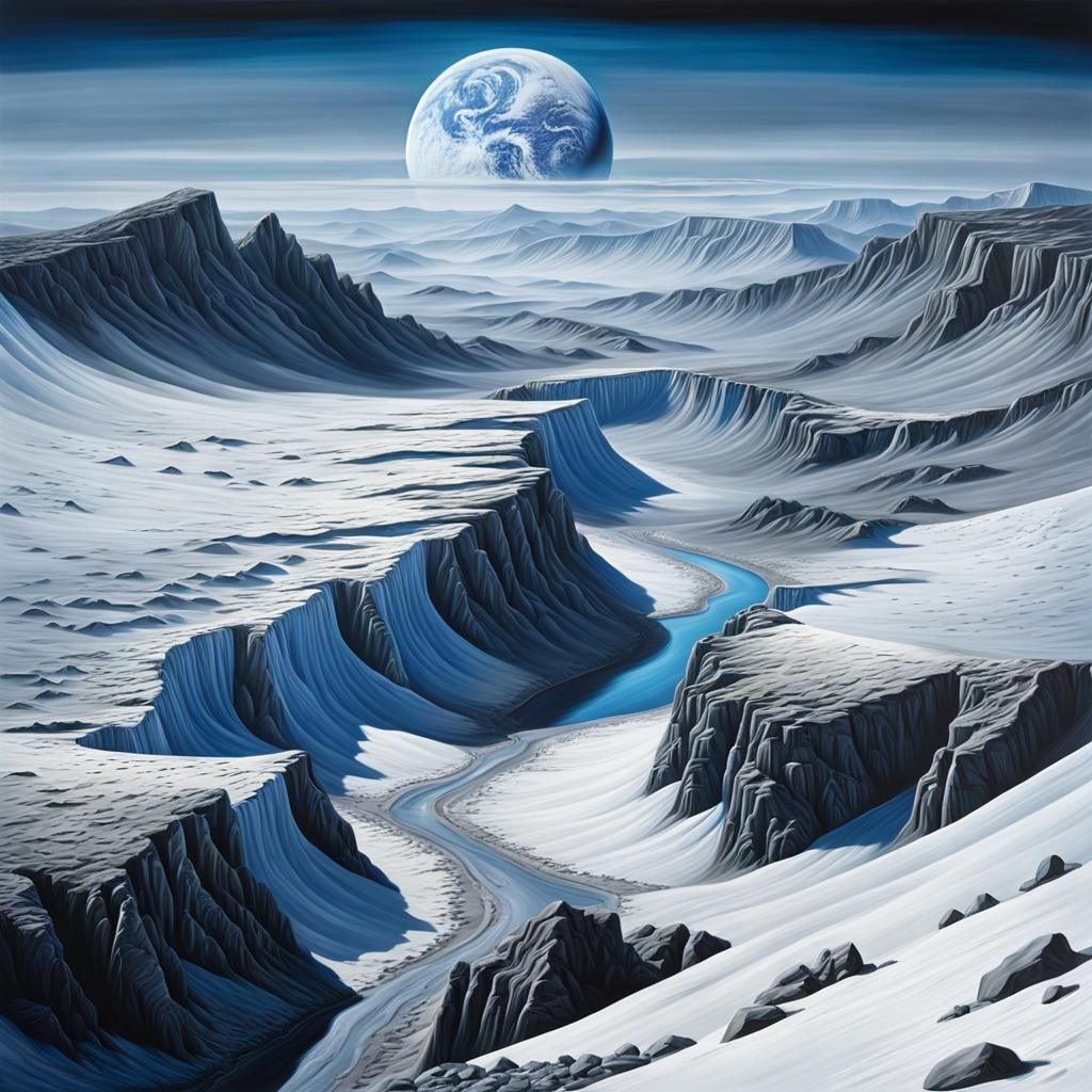 Surreal Lunar Scene with Earth Rising in Oil Painting Style