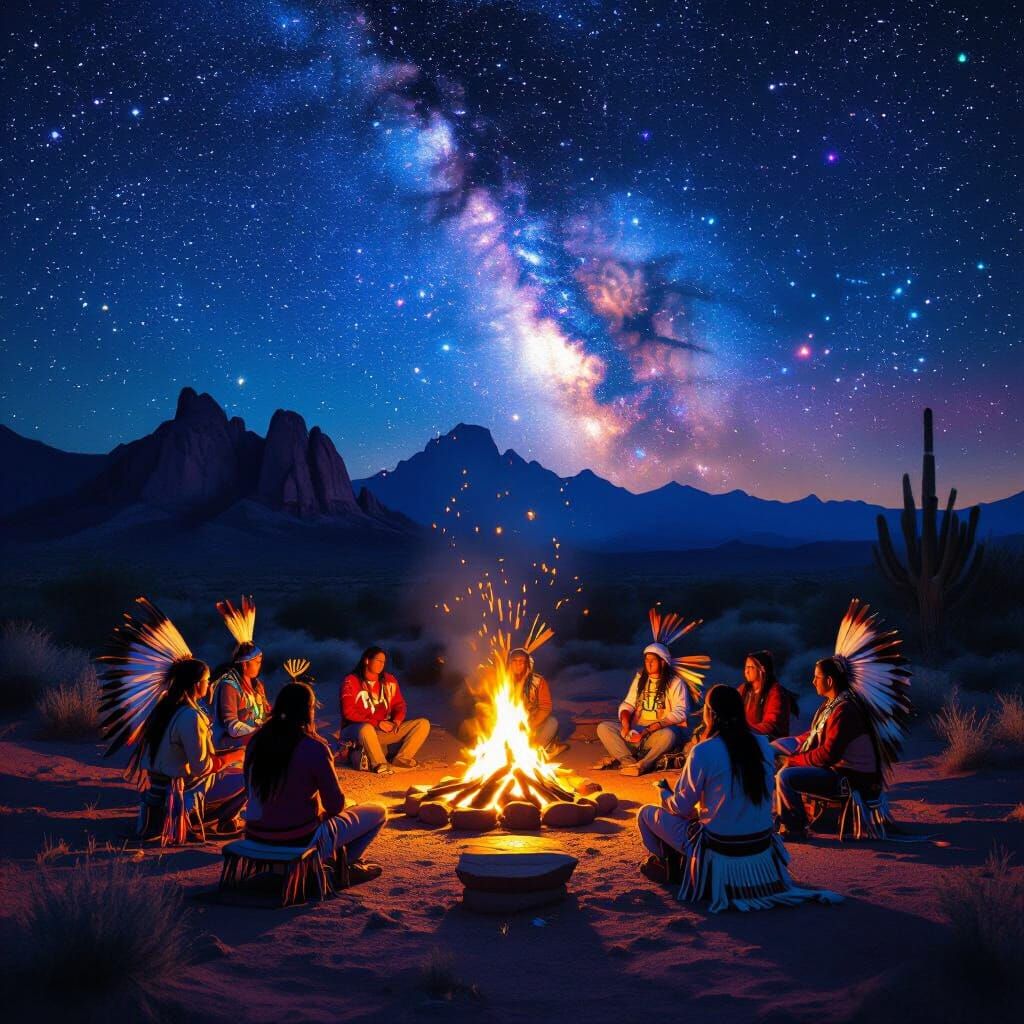 Native American Drum Circle Under Cosmic Skies