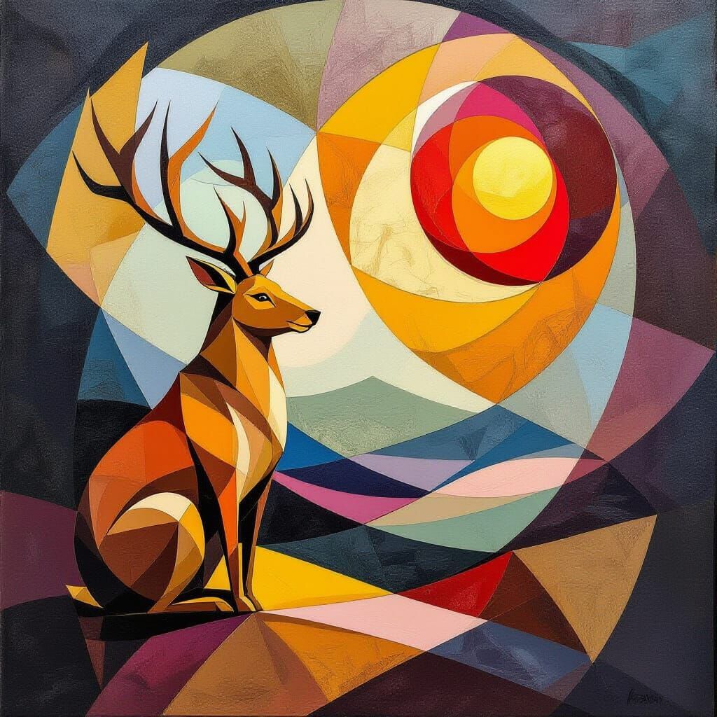 Golden Deer Gazes at Red Sun on Jupiter in Cubist Style
