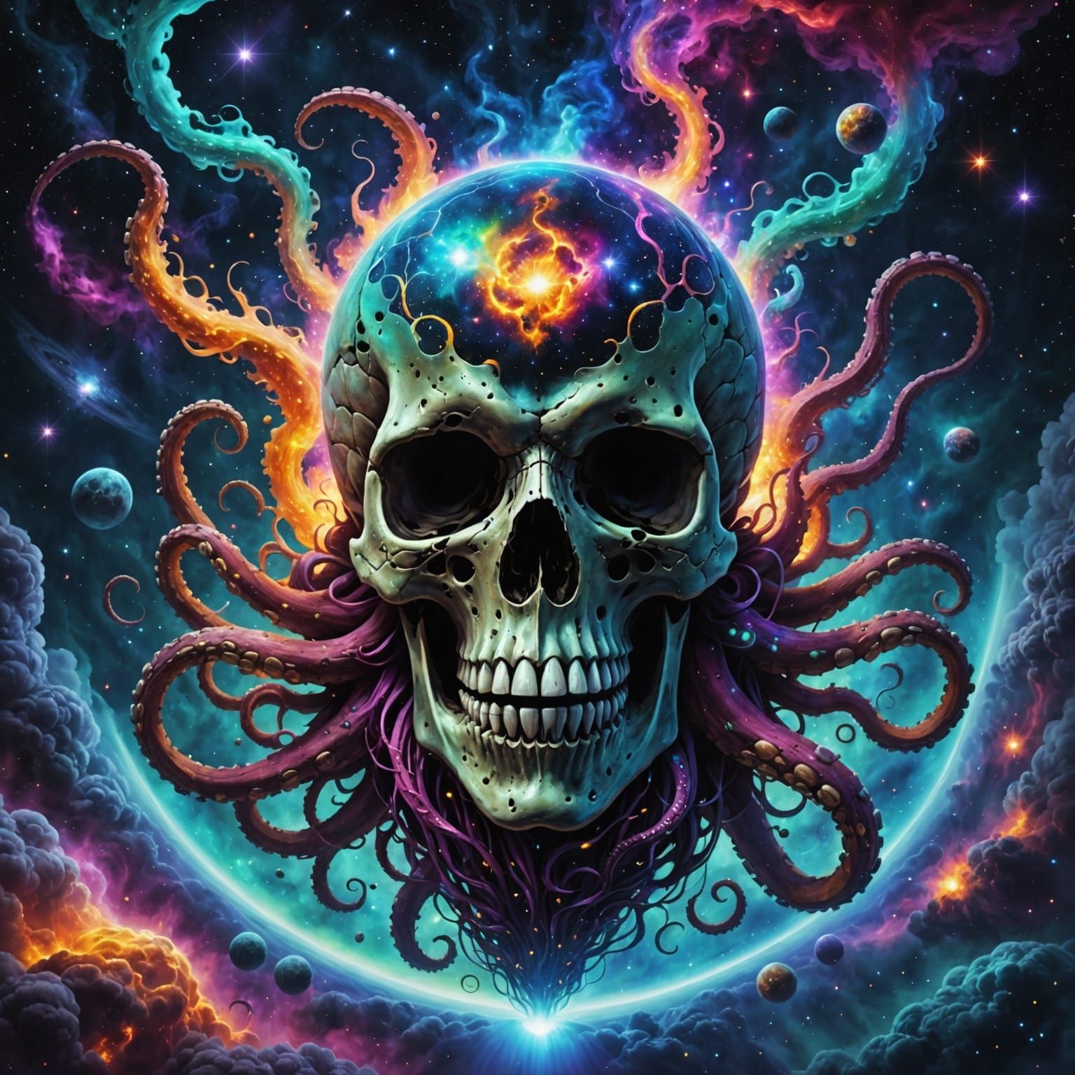 A giant skull with tentacles is flying through a nebula