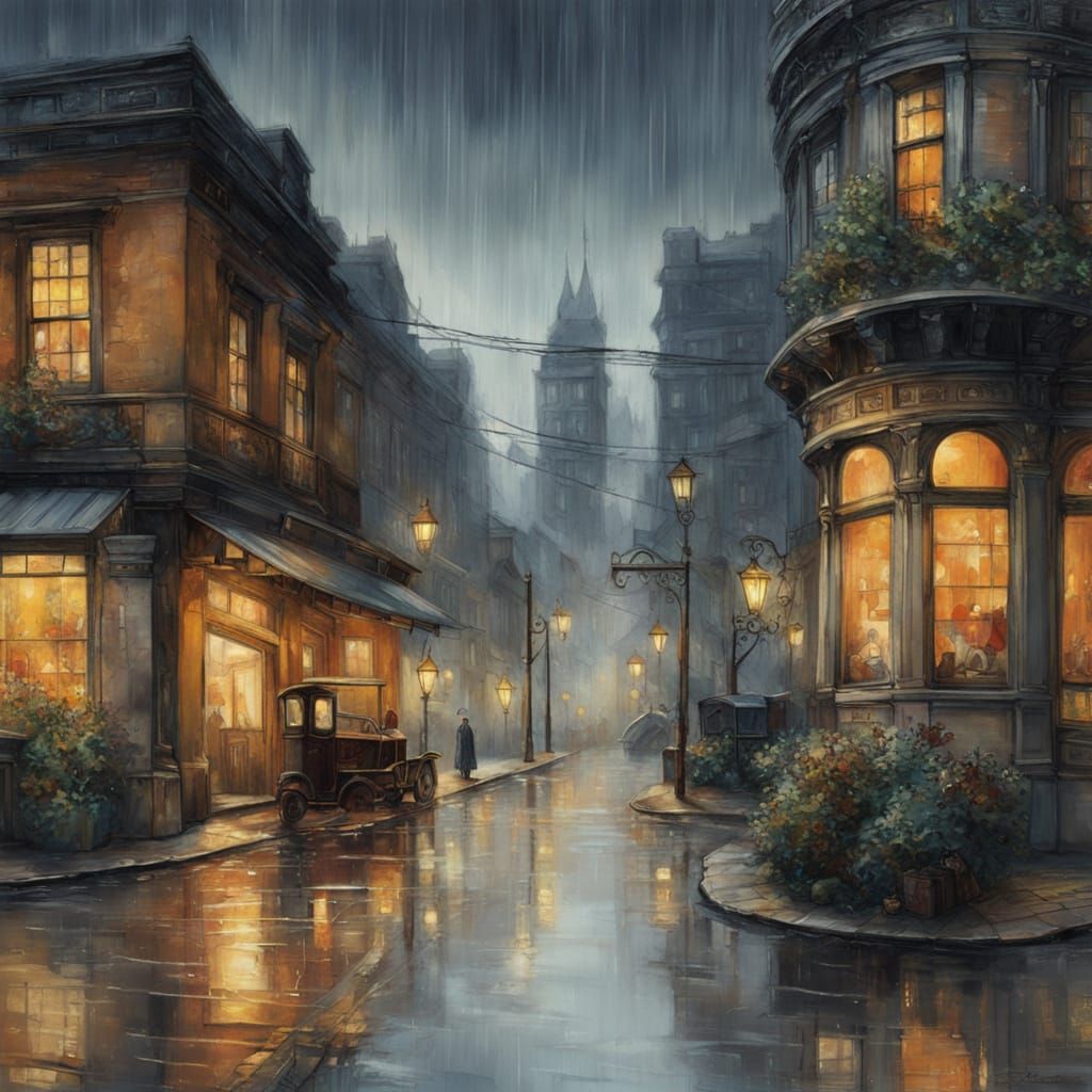 Ethereal Fantasy Town Street in Golden Hour Rain