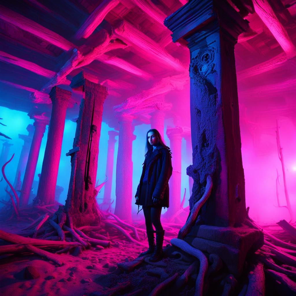 Graveyard Island with Neon Lights and Ocean Waves