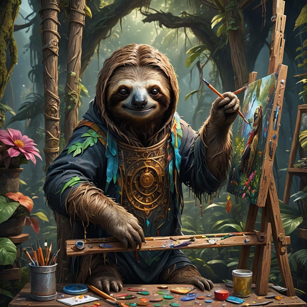 Sloth Artist Painting at Easel in Detailed Matte Style