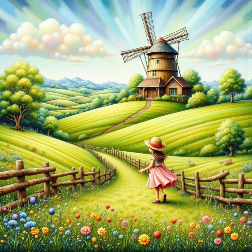 landscape, windmill, grass, fence, girl