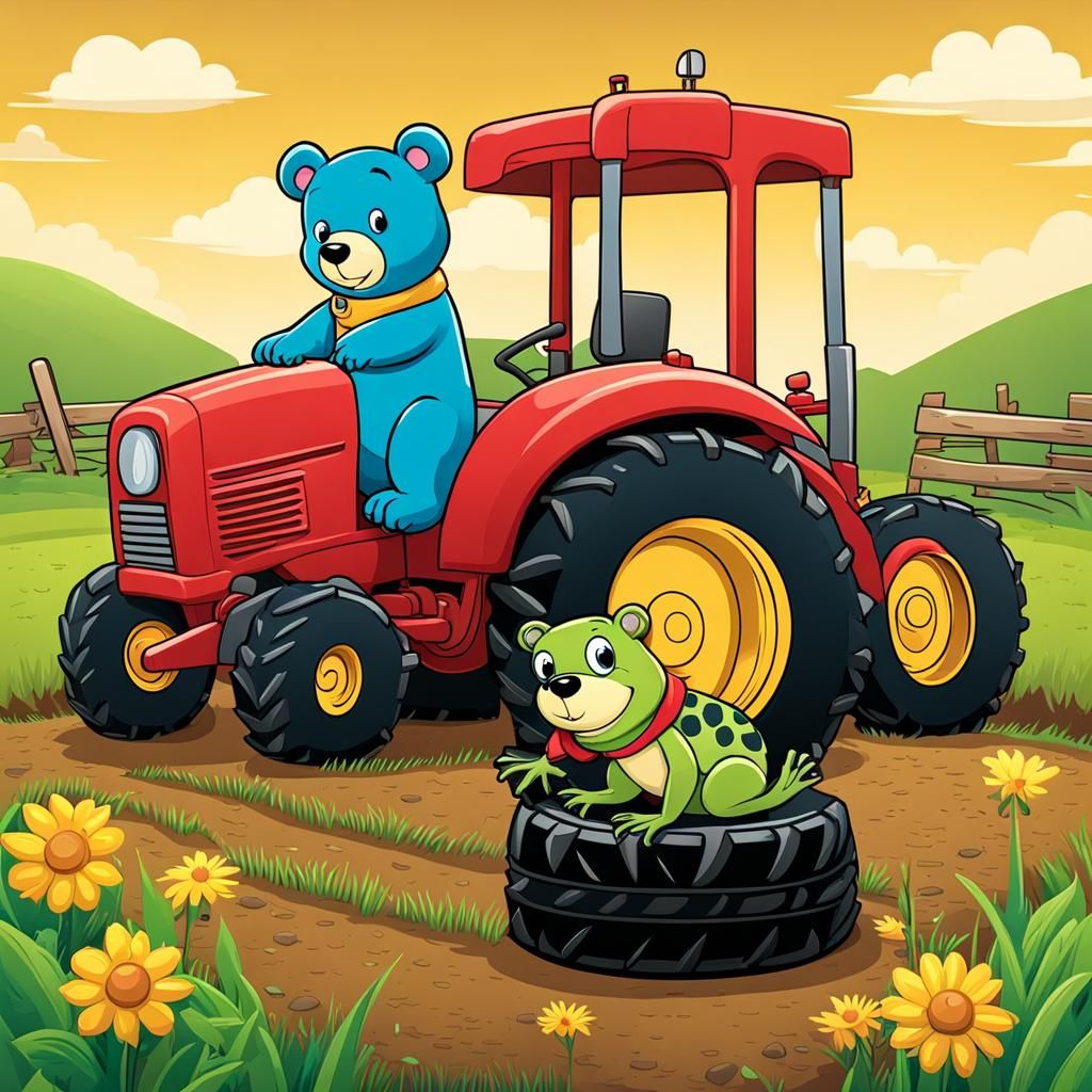Cartoon Bear and Frog Change Tractor Tire