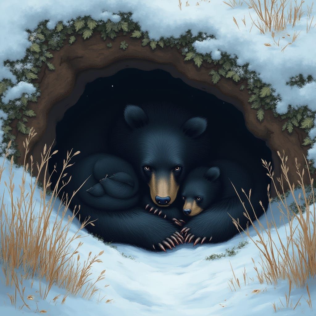 Black Bear Family in Winter Den