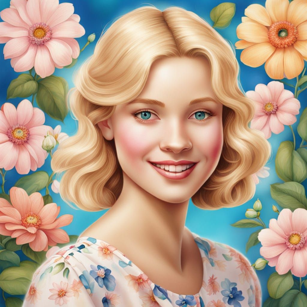 Smiling Blond Woman with Flowers in Her Hair
