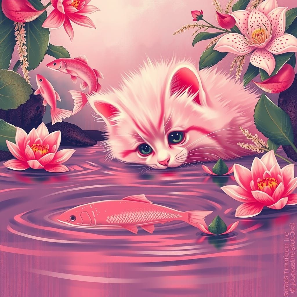 Pink Kitten in Dreamy Pink Lily Stream, Digital Art