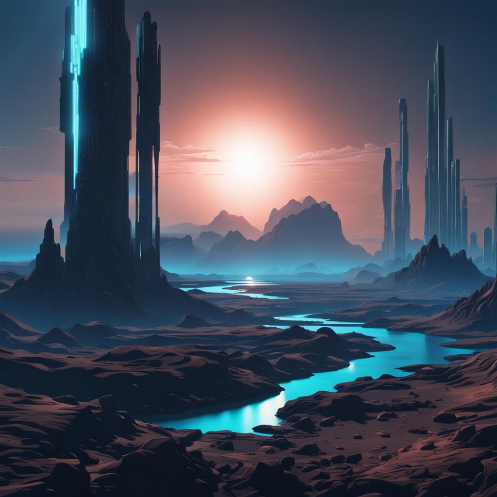 Dystopian Martian Landscape at Blue Sunset