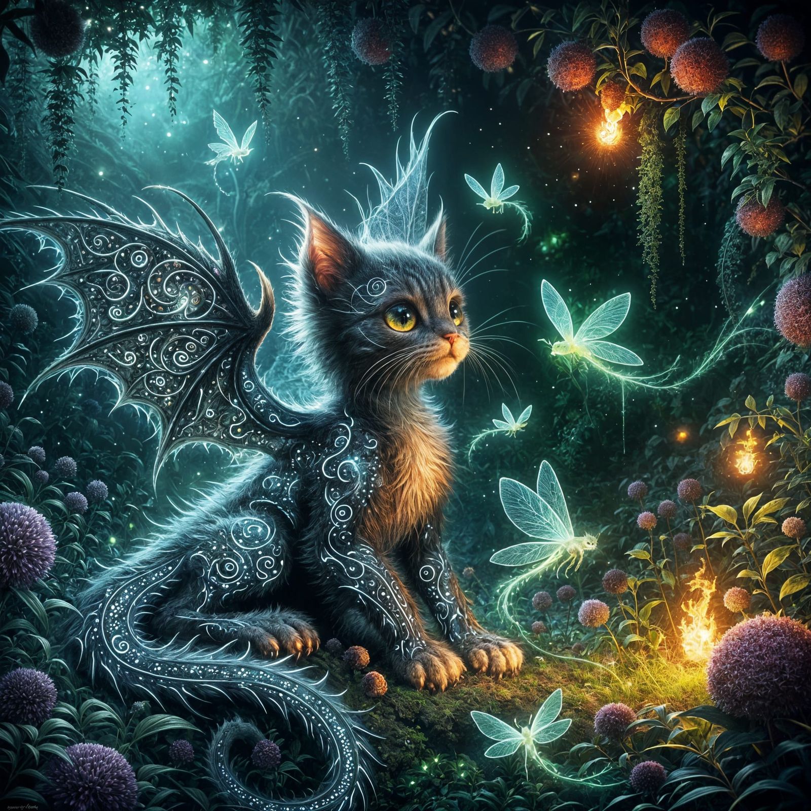 Ethereal Dragon Kitten in Gothic Fantasy Garden