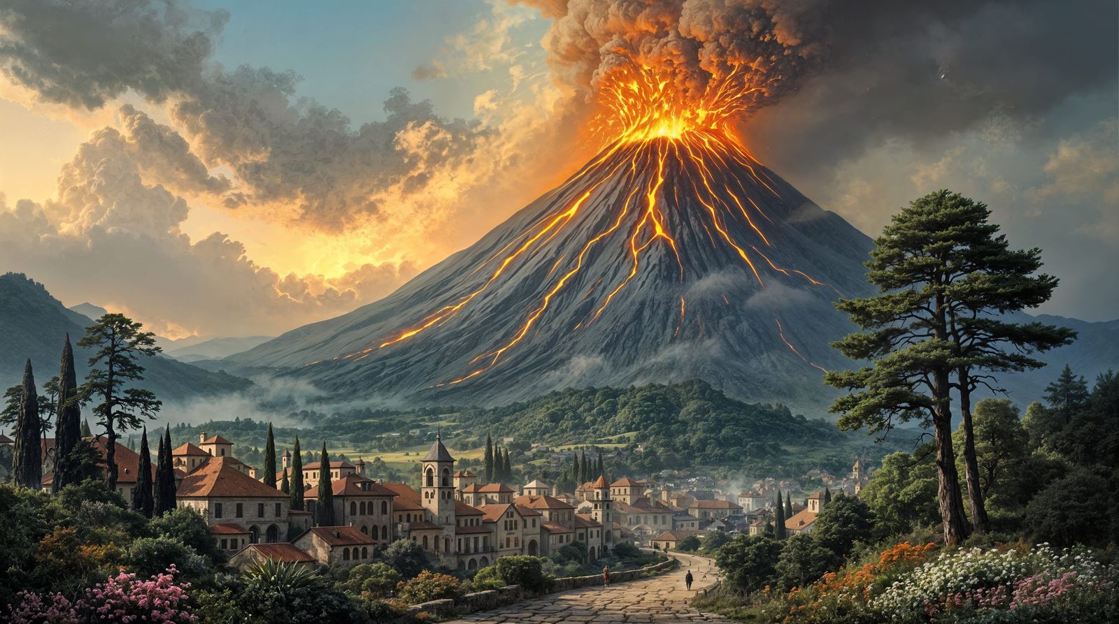 Hyperrealistic Volcano Landscape with Ancient Town