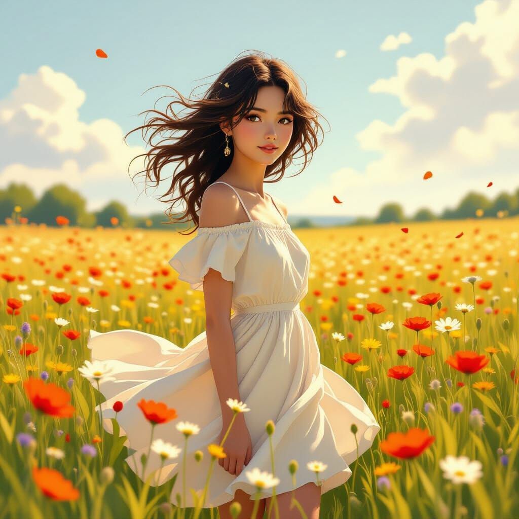 Woman in Wildflower Field, Animation-Inspired Digital Art