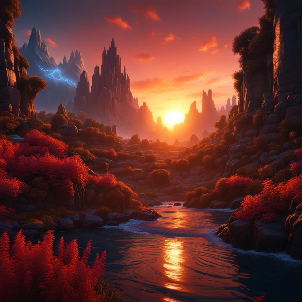 Fantastical Sunset: Detailed Matte Painting in Deep Color