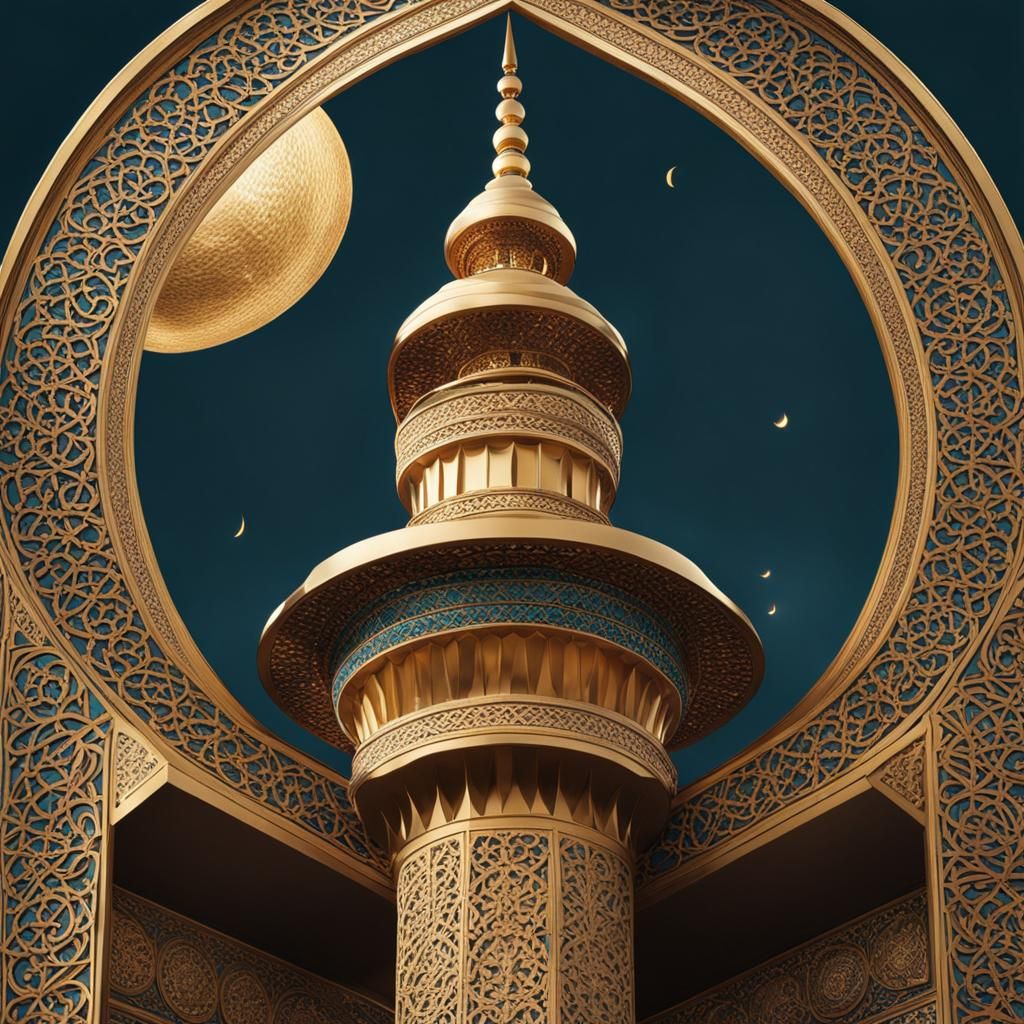 a kalif with jewelry but without earrings on a minaret silently and respectfully praising Allah and praying for peace wi...