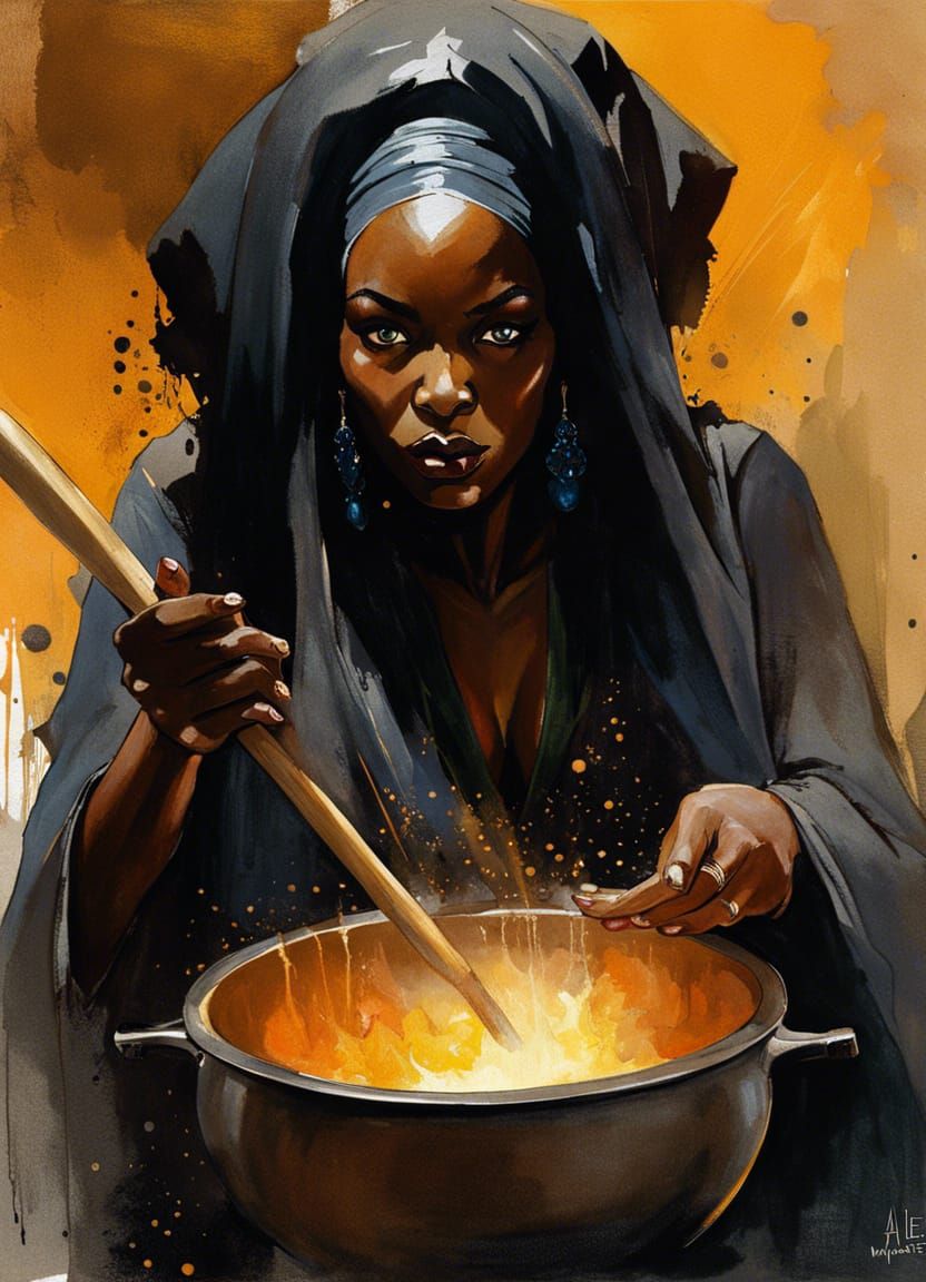 African Witch Stirring Cauldron in Splash Art Style