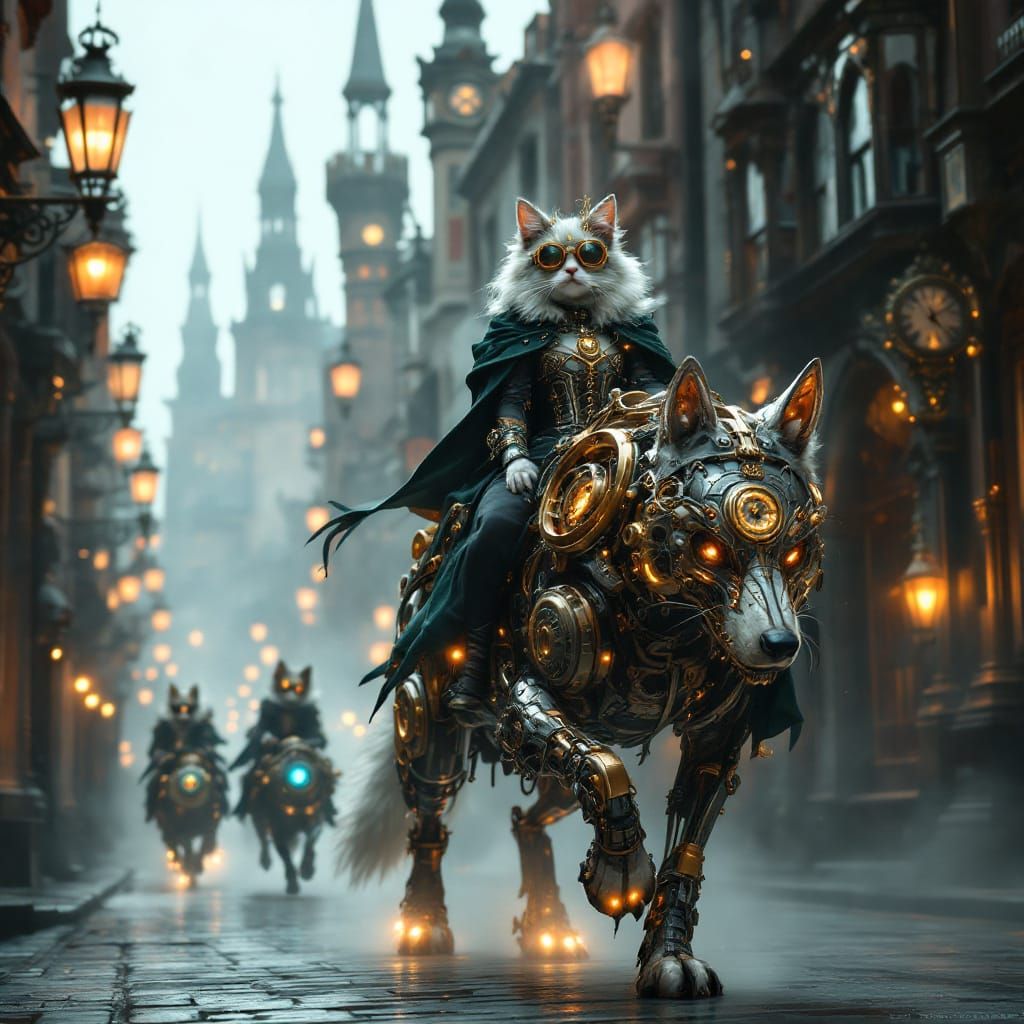 Steampunk Cat Rides Mechanical Wolf Through Clockwork City