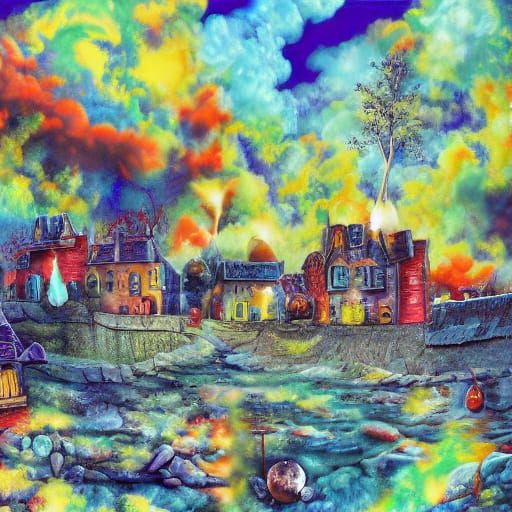Surreal Village Scene in Triadic Color Scheme with Glowing H...